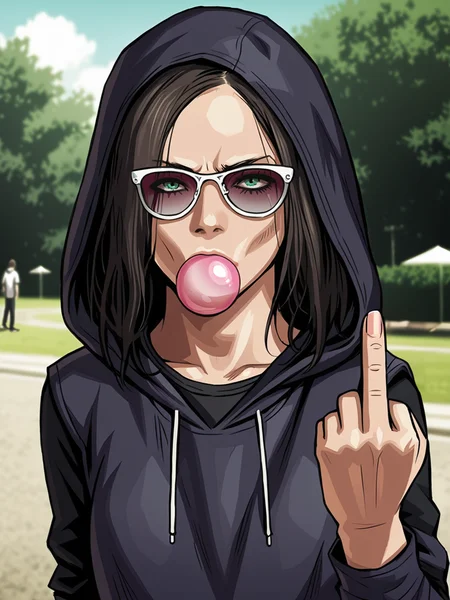 outdoors, skatepark, , realistic, 1girl, source_anime, score_9, <lora:zPDXL3:0.8> <lora:Pony_DetailV2.0:0.85> asymmetrical
darkness, nighttime, <lora:Based Eveline:0.8> sevenline,
hoodie, (hood up:1.2), sunglasses, shadows, bubblegum, blowing bubble, pink bubble
flipping the bird, middle finger