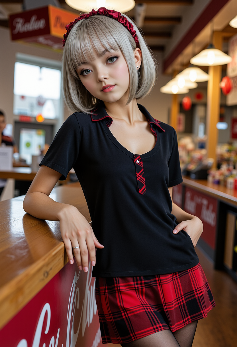 full body view, Hyperrealistic, she is smiling, dynamic angles, multiple angles, she is looking at the camera, photoshoot poses; A photo of Maid_Miku_Nobdy, She is wearing a black school uniform, red striped tie, red and black flannel skirt, black stockings, she has short blonde hair,  She is standing at the counter in a posh candy store, creating a focused and dynamic pose; the scene is set in a beautiful well-lit environment, with a sense of action and adventure.  Style: realistic hyper-detailed rendering, 32k UHD, expressive eyes, punk, graphic design, girl's face, pretty and cute, gleaming lips, telling a tale of adventure. Exuding confidence and serenity. The overall mood of the image is happy and relaxed, detailed skin texture,(blush:0.2),(goosebumps:0.3), subsurface scattering,with a playful and whimsical tone,perfect hand, hand, detailed hand,niji style,retro50s_style,