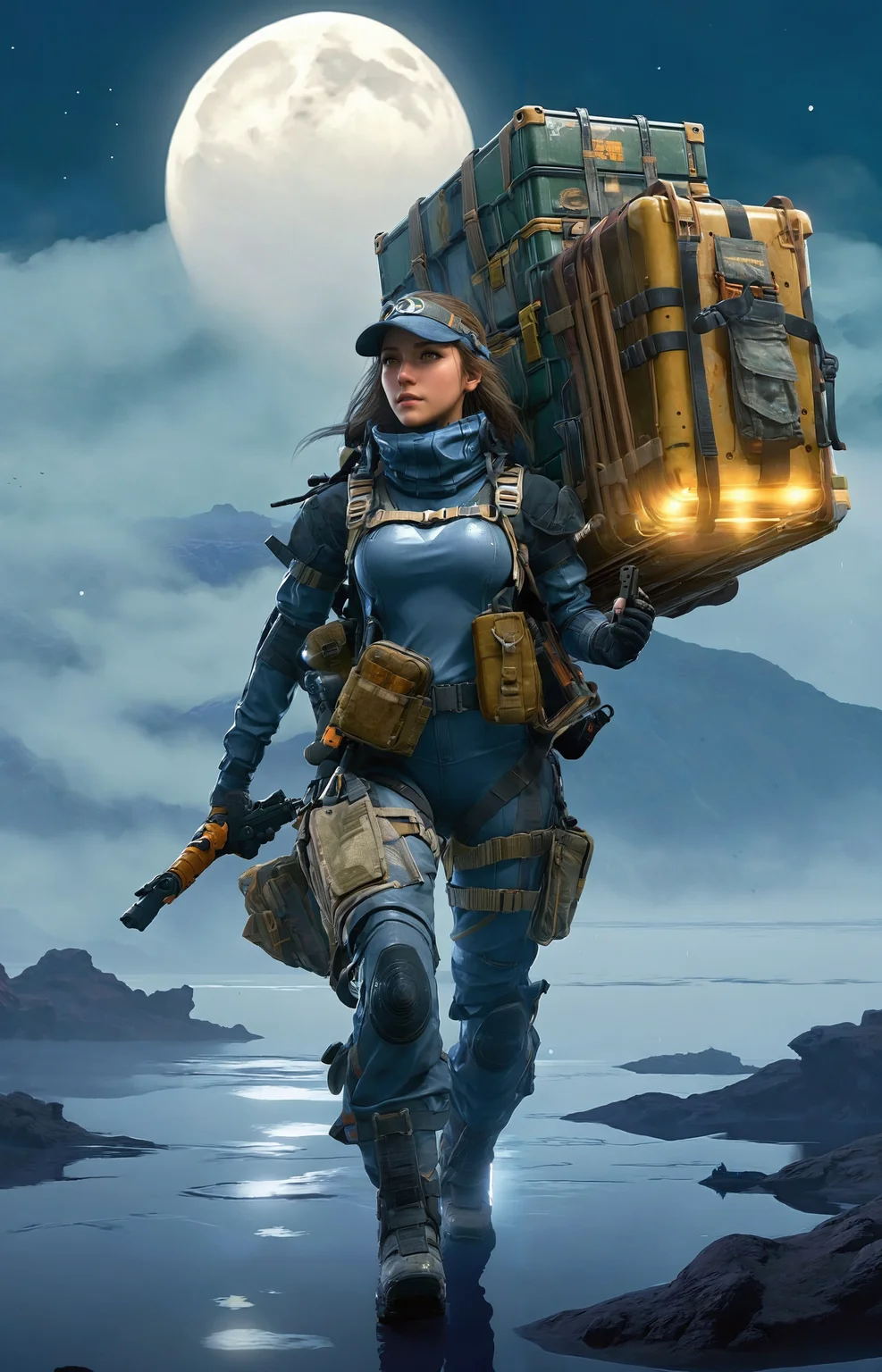 a lovely fascinated girl carries a sizable cargo while wielding a firearm, encapsulating the game's unique blend of isolation and combat., a vast, A moonlit lake, with fog rolling over the water and mysterious shapes beneath the surface sky ,moon just appeared ,Command base in background, a girl wearing with armor,weapon, headgear,motocycle   bpk, backpacker, <lora:BPKXLV1-000003:0.8>