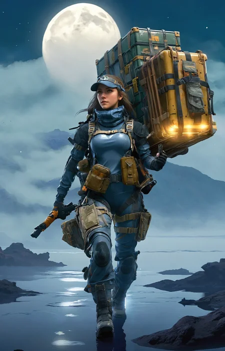 a lovely fascinated girl carries a sizable cargo while wielding a firearm, encapsulating the game's unique blend of isolation and combat., a vast, A moonlit lake, with fog rolling over the water and mysterious shapes beneath the surface sky ,moon just appeared ,Command base in background, a girl wearing with armor,weapon, headgear,motocycle bpk, backpacker, <lora:BPKXLV1-000003:0.8>