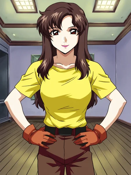 <lora:Murrue_Ramius-Gundam_SEED:1>,Murrue,1girl,brown hair,brown eyes,lipstick,long hair,yellow shirt,pants,gloves,hands on own hips,looking at viewer,indoors,smile