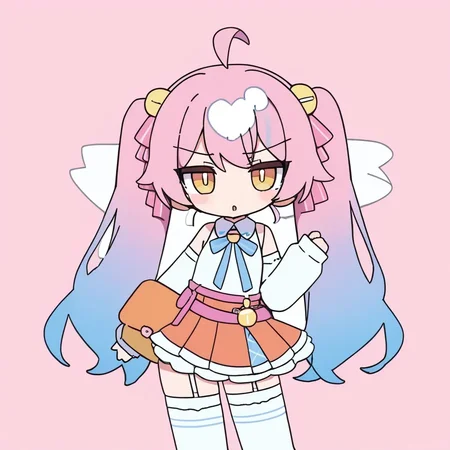 1girl, 
rabbit hole, yumenouchi chiharu, sakura \(39ra\), tyakomes, henreader, baku-p, daizu \(melon-lemon\), 
pink bow, looking at viewer, white shirt, skirt, white sleeves, twintails, pink skirt, bell, neck ribbon, ahoge, collared shirt, bandaid, sleeveless shirt, sleeveless, solo, cowboy shot, hair ornament, blush stickers, hair ribbon, bandaid on clothes, shirt, jingle bell, hair bobbles, detached sleeves, blue ribbon, pink background, short twintails, hair bow, white thighhighs, :o, pink ribbon, two-tone thighhighs, blue bow, bowtie, frills, orange thighhighs, ribbon, yellow eyes, frilled skirt, puffy sleeves, striped thighhighs, medium hair, bow, pleated skirt, striped clothes, neck bell, puffy long sleeves, blue hair, long sleeves, thighhighs, sleeves past wrists, 
masterpiece, newest, absurdres, safe
 <lora:rabbit_hole:1>