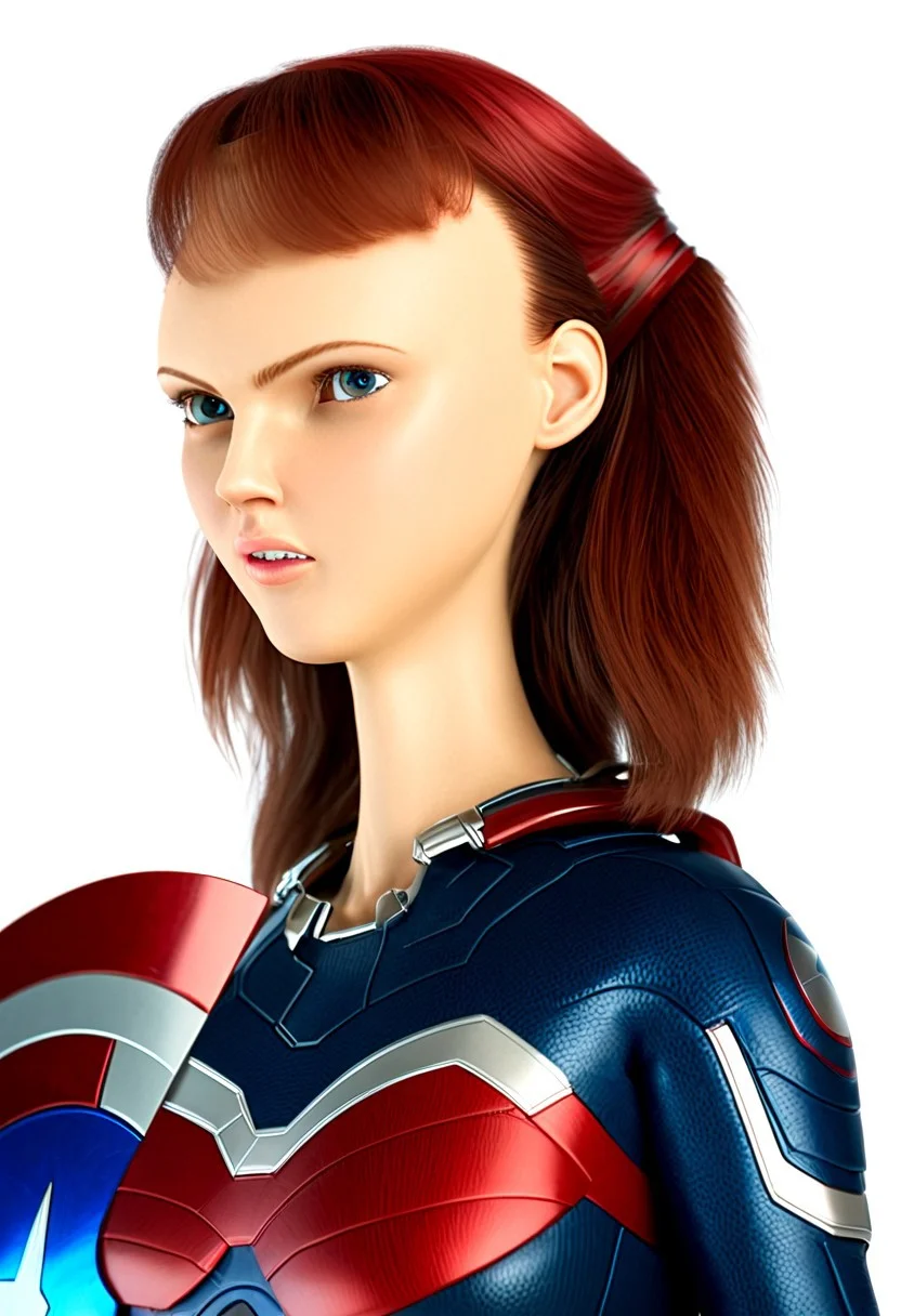 close view, extraordinarily pretty woman dressed as Captain America, powered futuristic outfit, red and blue suit, ponytail, holding  round shield, swept bangs, white background, simple background