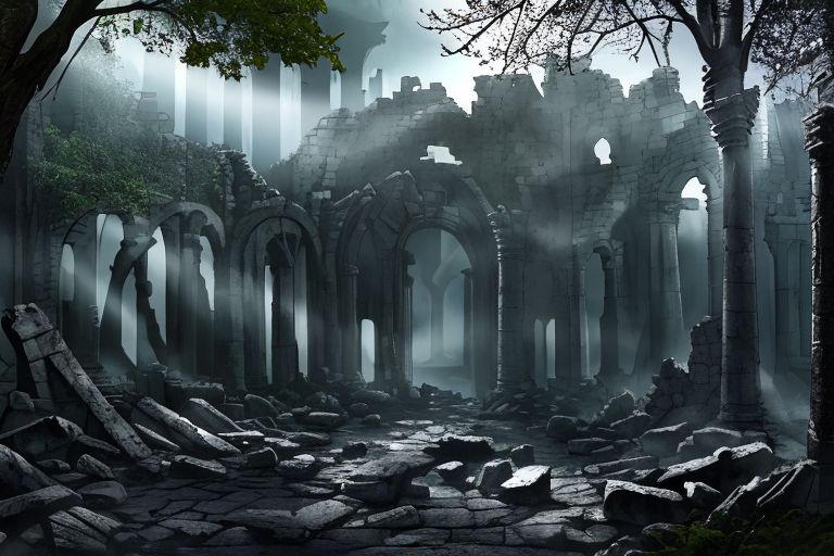 (masterpiece:1.2), (best quality,:1.2), 8k, HDR, ultra detailed, ((photorealistic)), professional light, cinematic lighting, fashion photography, ambient lighting,<lora:detail_slider_v4:3>, sinister ruins in a dark forest, FanRu <lora:FantasyRuins-10:0.7>, epiCPhoto