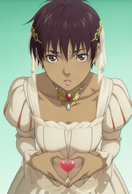 masterpiece, best quality, amazing quality, anime coloring, anime screencap, solo, 1girl, <lora:DX888Casca:1> casca, dark-skinned female, bronw hair, brown eyes, pixie cut, dress juliet sleeves, necklace, hair ornament BREAK heart hands, green background pastel background, from above,