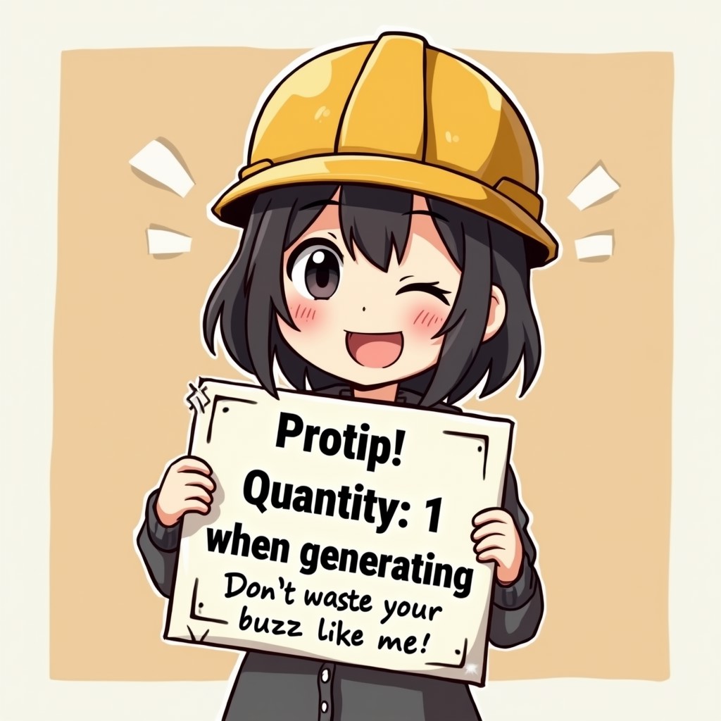 a helpful anime girl with a construction hardhat, winking and holding up a sign saying "Protip! Quantity: 1 when generating Flux!" with a pasted on text below it saying "Don't waste your buzz like me!"