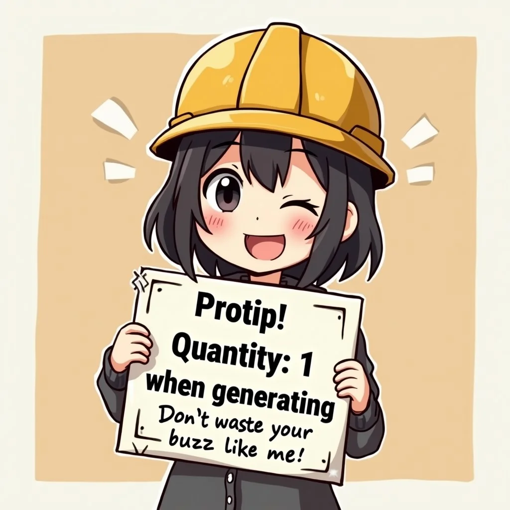 a helpful anime girl with a construction hardhat, winking and holding up a sign saying "Protip! Quantity: 1 when generating Flux!" with a pasted on text below it saying "Don't waste your buzz like me!"