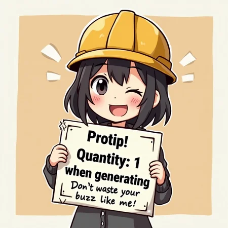 a helpful anime girl with a construction hardhat, winking and holding up a sign saying "Protip! Quantity: 1 when generating Flux!" with a pasted on text below it saying "Don't waste your buzz like me!"