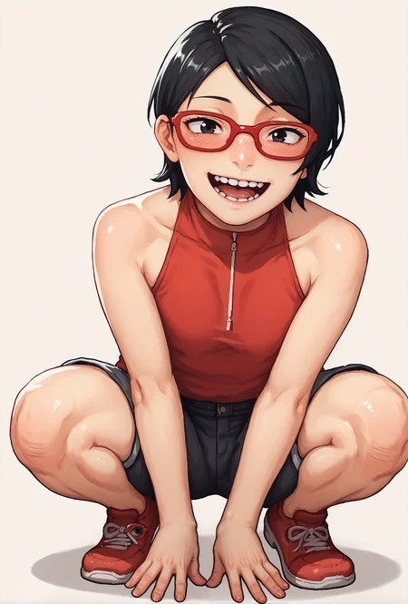 score_9, score_8_up, score_7_up,
<lora:lozhkin_pony:0.8:0.4> lozhkin, open mouth, big smile, accurate teeth with gaps, smile, blush,
uchiha sarada, bare shoulders, black eyes, black hair, blush, red framed glasses, short hair, <lora:Uchiha_Sarada_pony:0.8>
squatting, spread legs,