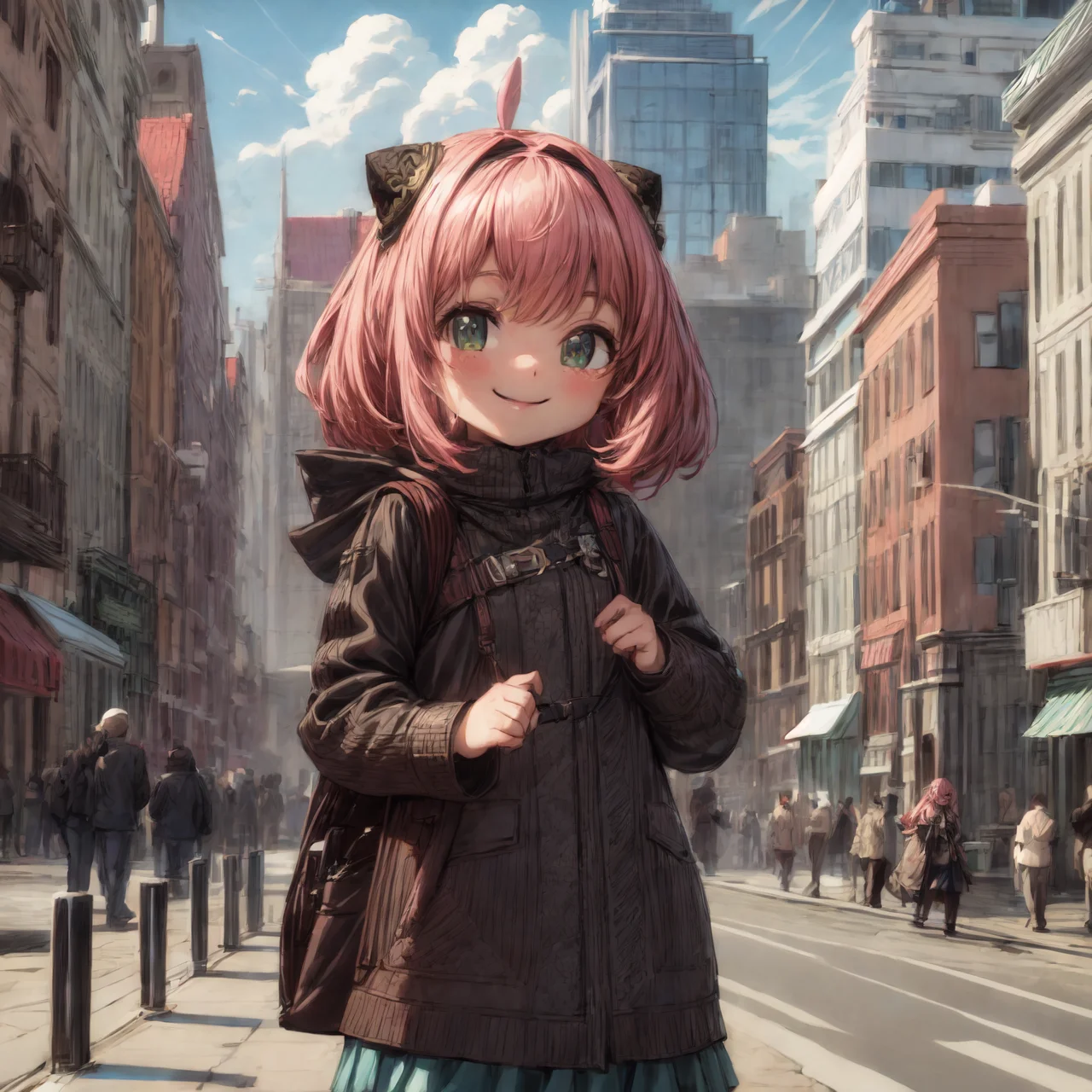 anya \(spy x family\), <lora:anya_forger_spyxfamily:1>, cute, wholesome, smile, city, high quality, highres, masterpiece, best quality, 8k, intricate, detailed, <lora:add_detail:0.6>, very detailed, <lora:more_details:0.6>, <lora:JuggerCineXL2:0.6>, <lora:NsfwPovAllInOneLoraSdxl:0.5>, <lora:Smooth Anime 2 Style SDXL_LoRA_Pony Diffusion V6 XL:0.6>