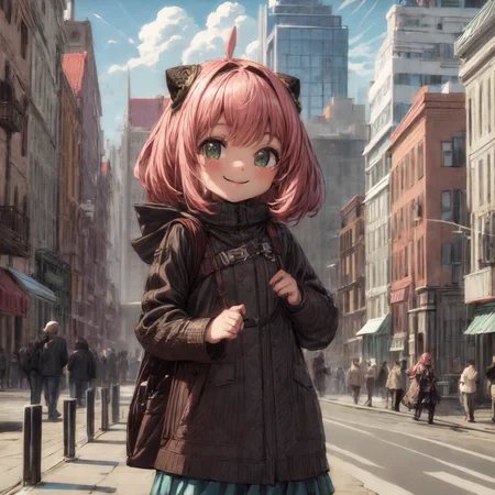 anya \(spy x family\), <lora:anya_forger_spyxfamily:1>, cute, wholesome, smile, city, high quality, highres, masterpiece, best quality, 8k, intricate, detailed, <lora:add_detail:0.6>, very detailed, <lora:more_details:0.6>, <lora:JuggerCineXL2:0.6>, <lora:NsfwPovAllInOneLoraSdxl:0.5>, <lora:Smooth Anime 2 Style SDXL_LoRA_Pony Diffusion V6 XL:0.6>