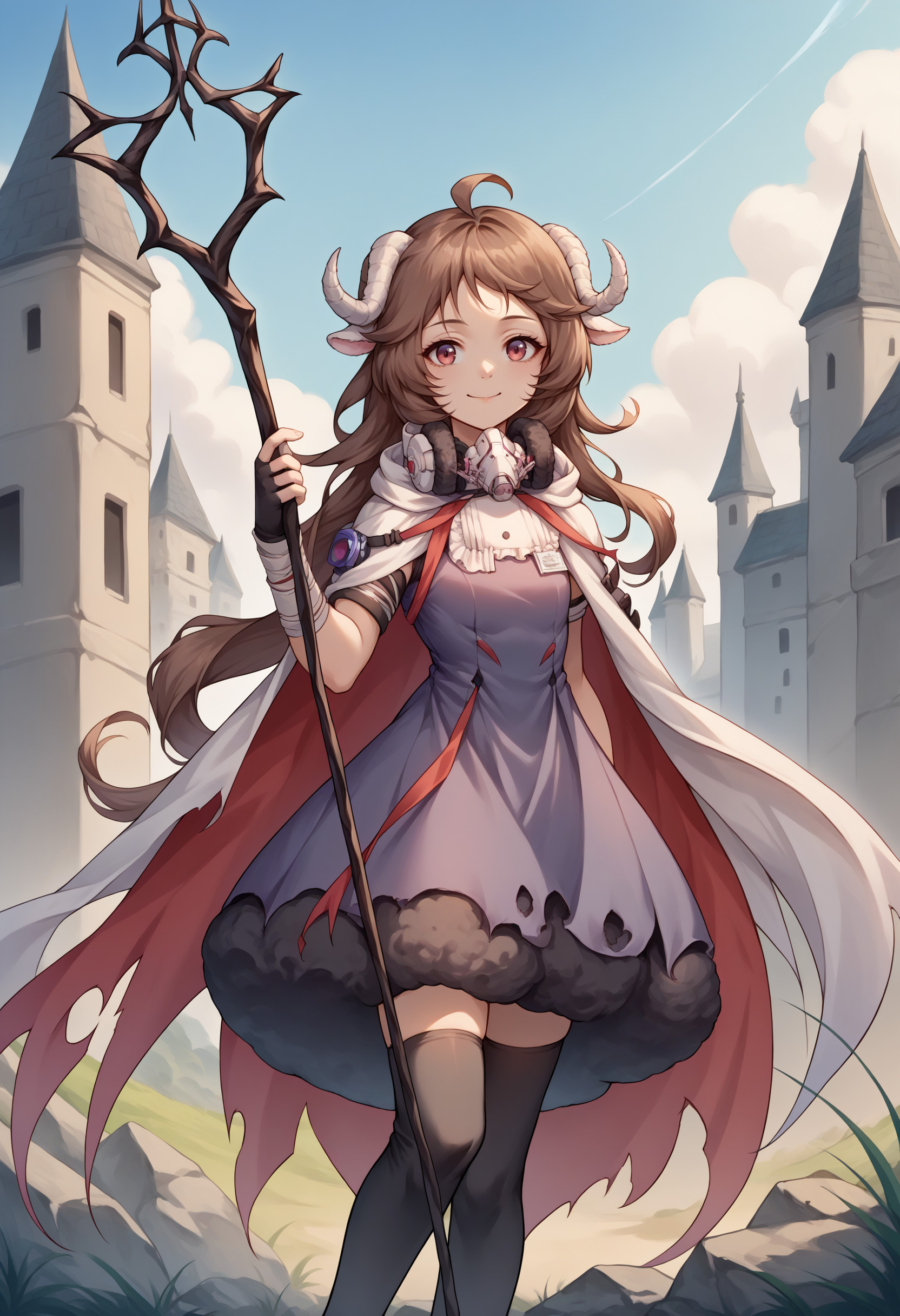 score_9, score_8_up, source_anime, 1girl, solo, EyjafjallaBase, curled horns, ahoge, mask around neck, purple dress, white cape, fingerless gloves, black thighhighs, holding staff, outdoors, smile, <lora:ChamPonyXLEyjafjalla:1>
