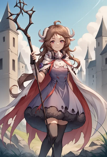 score_9, score_8_up, source_anime, 1girl, solo, EyjafjallaBase, curled horns, ahoge, mask around neck, purple dress, white cape, fingerless gloves, black thighhighs, holding staff, outdoors, smile, <lora:ChamPonyXLEyjafjalla:1>