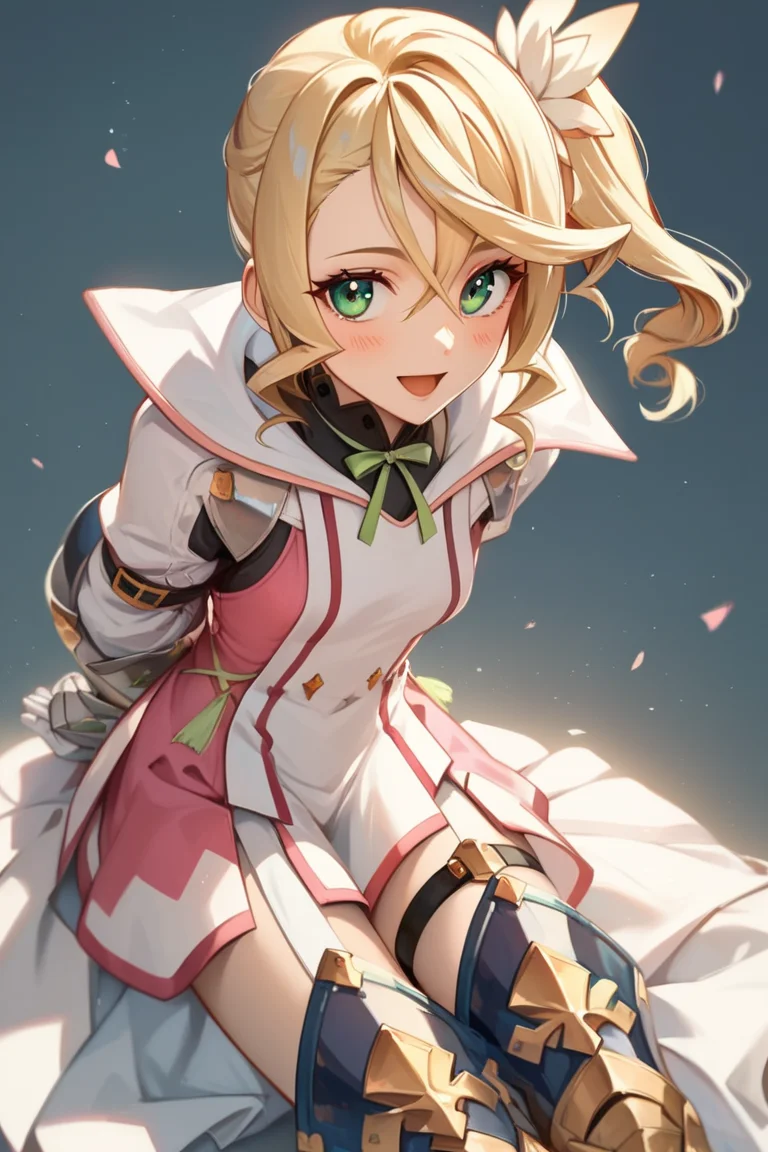 score_9, score_8_up, score_7_up, very aesthetic, source_anime, detailed, high quality, beautiful, masterpiece, detailed eyes,
indoor, simple background, blurry background, 
<lora:lightXL:0.8>
cowboy shot, light smile, looking at viewer,
hands behind back, fidgeting, looking away, blush, open mouth, pov,
<lora:alisha_autismConfetti_v01:0.95> small breasts,
alisha diphda, blonde hair, dress, green eyes, side ponytail, hair between eyes, hair ornament, knee boots, greaves, thigh strap, white gloves,  gauntlets, long sleeves, crest,, zPDXL