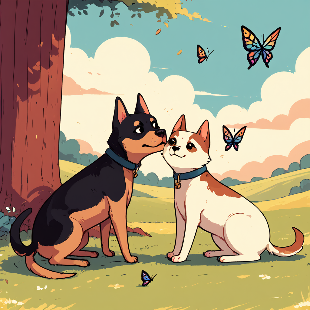 TarotArtStyleCats, outdoors, butterfly, dog, simple art style <lora:ArtStyleCats:1>