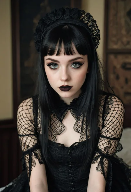 portrait, close up, cute face, beautiful,18 years old, (black bold eyeliner, makeup:1.3), pale skin, black fishnet sleeves, young, bangs,freckles, ear, blackhair, bangs, freckles,,interior,fancy bedroom,gothic room,castle interior,petite body, small breasts, beautiful legs, realistic soft skin, looking at viewer, hyperdetailed, analog photo, Cinematic,contrast,high contrast,(very detailed eyes,detailed lips,detailed face,cute,pretty)