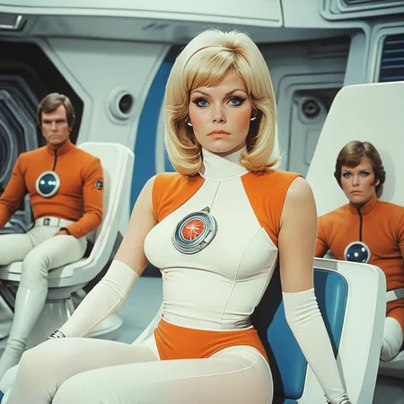 <lora:70sSci-FiMovieSDXL:1> ArsMovieStill, movie still from a 1970s technicolor Sci-Fi movie, The image is a still from a TV show or movie. It shows a woman sitting on a white chair in a futuristic space station. She is wearing a white and orange outfit with a red emblem on her chest. She has blonde hair styled in a bob and is looking directly at the camera with a serious expression. Behind her there are two men and a woman in orange outfits sitting on white chairs. The background shows a spaceship with a blue and white color scheme. The overall mood of the image is serious and futuristic., blonde hair, sitting, bodysuit, blurry, looking at viewer, realistic, breasts, own hands together, solo focus, makeup