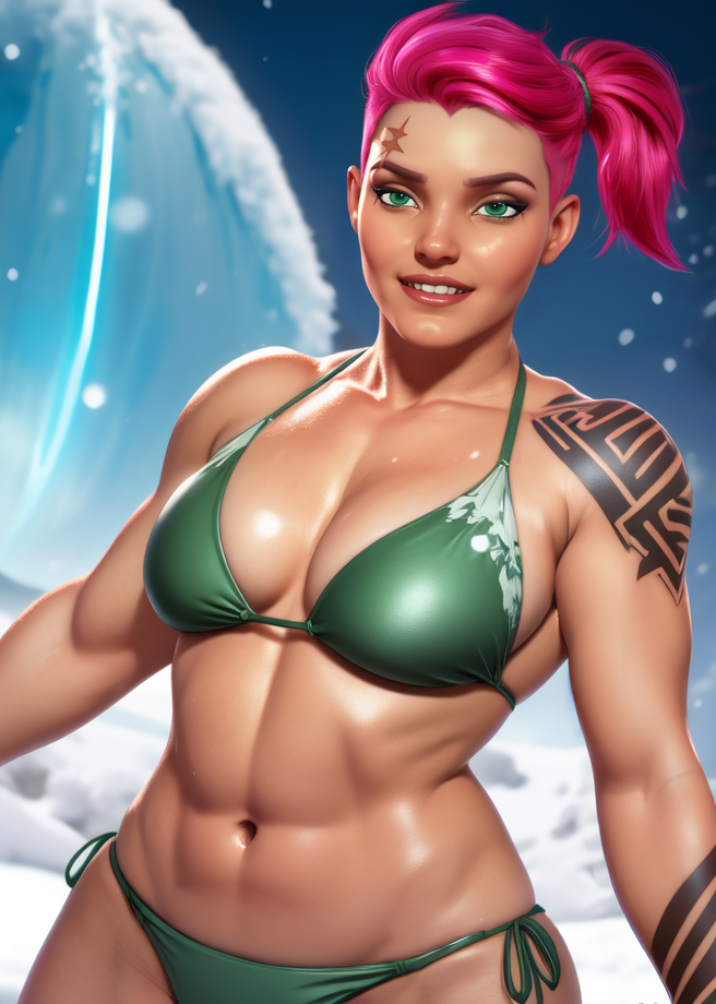 zarya,short hair,pink hair,muscular,shoulder tattoo,ponytail,green eyes,
bare shoulders,smile,bikini,
standing,covered nipples,cameltoe,
base,winter,science fiction,
(insanely detailed, beautiful detailed face,beautiful detailed eyes, masterpiece, best quality),solo,<lora:ZaryaOW2:0.8>,