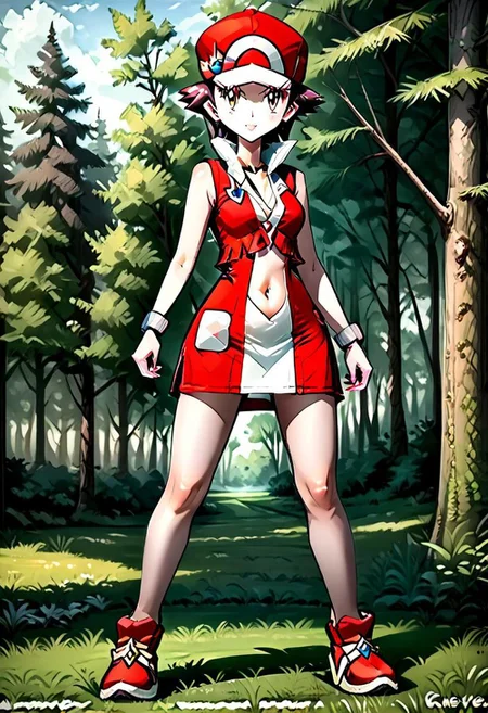 { full body, forest background, standing, FemRed:2.0, 1woman, solo, full body render, short dress, exposed navel, ball cap, }
forested area, tall grass, detailed background, forest background, forest path, low contrast:2.5, low saturation,
pks, pokemon