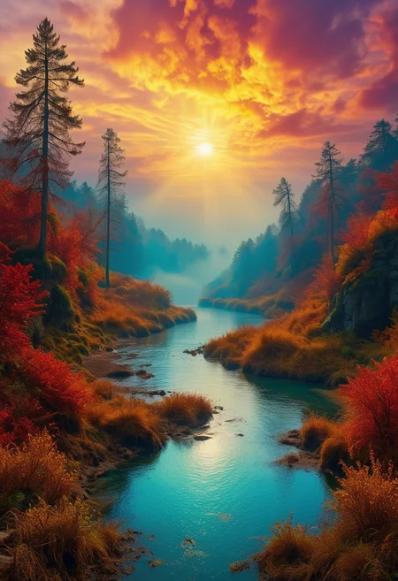 Inkstains, RAW photo, portugal, dream nature, primeval wild, picturesque forest, bright clouds, beautiful sky, sun, epic landscape, autumn river, colorful scenery, desolate atmosphere, realistic, masterpiece, 8k resolution, ultra detailed, vivid colors, high quality,