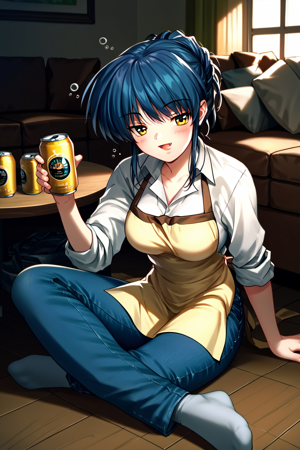 score_9, score_8_up, score_7_up, score_6_up, rating_safe, source_anime, best quality, masterpiece, solo, living room, sitting on floor, table, (drunk), cans of beer, <lora:sagara-misae-xl-05:1>, sagara misae, dark blue hair, yellow eyes, white shirt with yellow apron, jeans, blush, open mouth, smile, fang, medium breasts, full breasts, 2.5d, half-closed eyes,