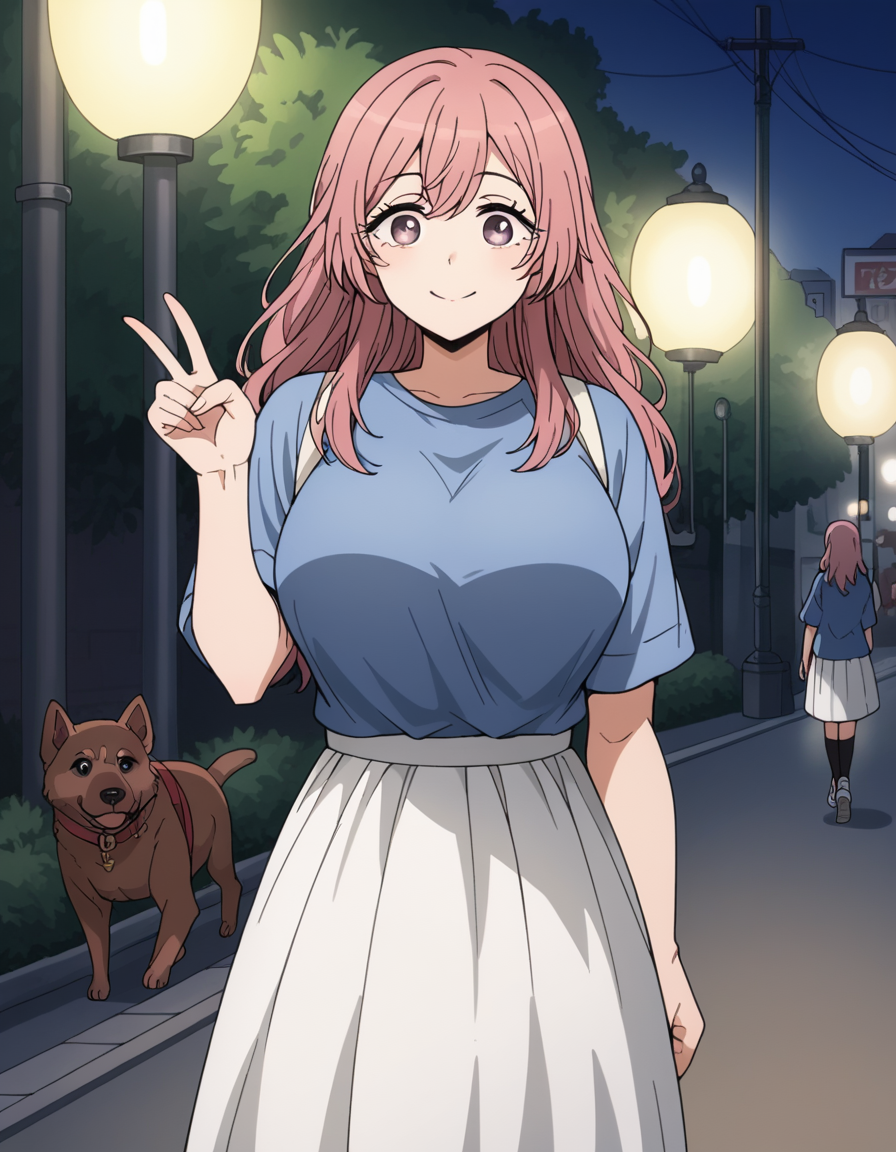 score_9, score_8_up, score_7_up, source_anime, <lora:shinju-inui-s1-ponyxl-lora-nochekaiser:1>, shinju inui, long hair, pink hair, pink eyes, large breasts,, skirt, shirt, short sleeves, white skirt, blue shirt,, city street, evening, streetlights, walking dog, quiet neighborhood, gentle breeze, smile, , v, smile, solo,, cowboy shot, dutch angle