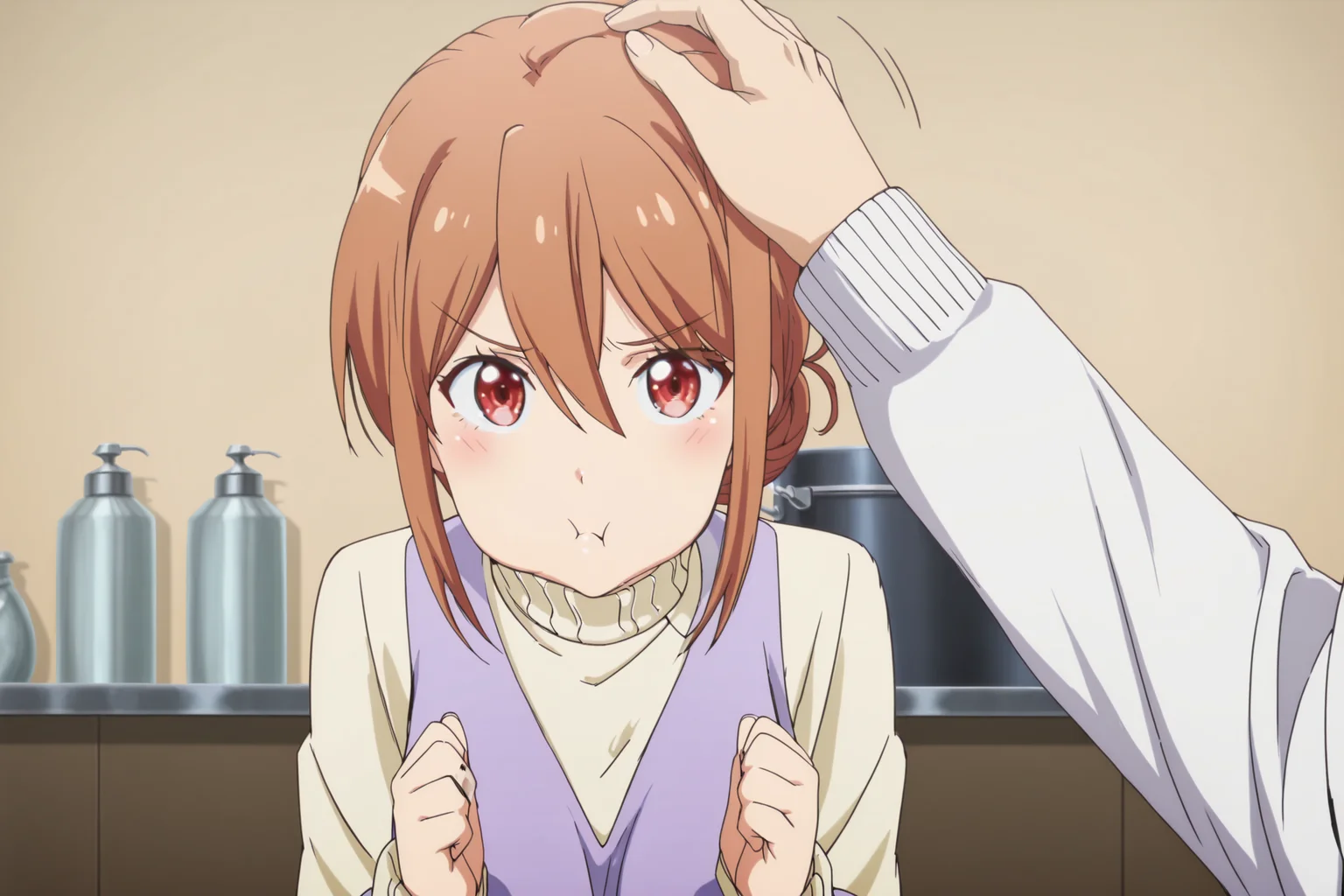 anime screencap, anime coloring, detailed face, masterpiece, best quality, very aesthetic, absurdres,, volumetric lighting, official style, amazing quality, ultra detailed, highres, amazing quality, scenery, beautiful detailed hair, beautiful detailed eyes, defined fingers, five fingers,
<lora:Mrs._Yuigahama_My_Teen_Romantic_Comedy_SNAFU:1>
in a kitchen,
Gahamama turtleneck with blue vest outfit, Gahamama (character), 1girl, solo, pout, :t, brown background, brown hair, red eyes, turtleneck, hair between eyes, sweater, single hair bun, hair bun, clenched hands, cowboy shot, apron, dress, looking at the viewer,
BREAK
<lora:POV_Headpat_Helper:1>POV headpatting another, POV headpat, 1man,