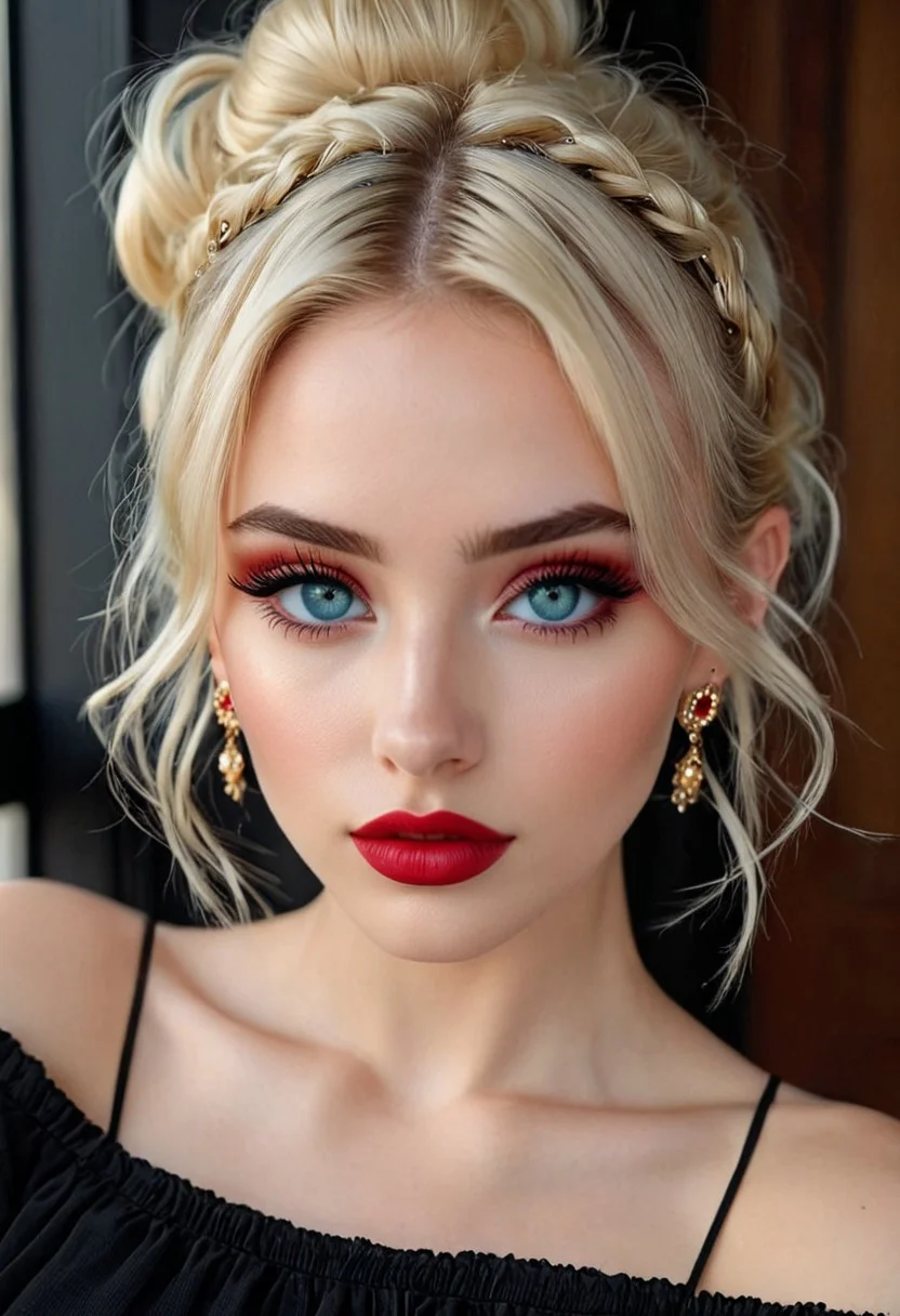 29 year old azerbaijani, blue eyes, pale skin, puffy lips, makeup, eye contact, hairclip, light blonde hair, very short hair, hair up, double bun, hair flaps, asymmetrical bangs, long bangs, x hair ornament, dark red lips, red eyeshadow, mascara, eyeliner, stud earrings, piercing, blush, flat chest, epic action, Unreal Engine, cinematic award winning artwork, many details, extreme detailed, full of details,Wide range of colors., dramatic, Dynamic,Cinematic,Sharp details, Insane quality. Insane resolution. Insane details. Masterpiece. 32k resolution. casting shadow style, cucoloris patterned illumination, <lora:add-detail-xl:1
