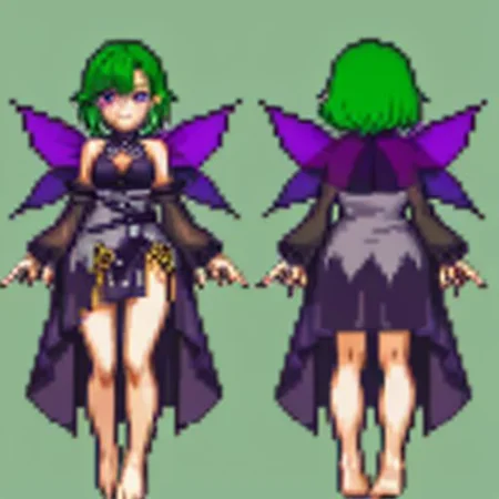gothic, anime, evil fairy,a short ripped dress, red nails, long light green hair, evil face, fairy, dark fantasy, fairy wings with a poisonous pattern, small boobs, simples background, purple eyes, barefoots, gbaportrait, model sheet, chara-sheet