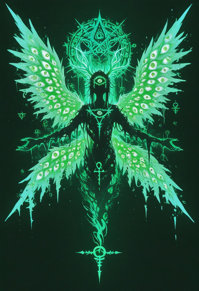 twisting , dissolving , abstract , abomination ,absurd , extreme theme ,extreme theme ,extra eyes, too many eyes, light source , illuminating , wings of eye , extra wings , Celtic symbol , green and lush , (triquetra symbol ,trinity :1.3) , tree antler ,
masterpiece, best quality ,amazing quality ,15546+456868, usnr , xxx667_illu ,