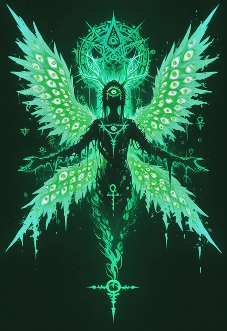twisting , dissolving , abstract , abomination ,absurd , extreme theme ,extreme theme ,extra eyes, too many eyes, light source , illuminating , wings of eye , extra wings , Celtic symbol , green and lush , (triquetra symbol ,trinity :1.3) , tree antler ,
masterpiece, best quality ,amazing quality ,15546+456868, usnr , xxx667_illu ,