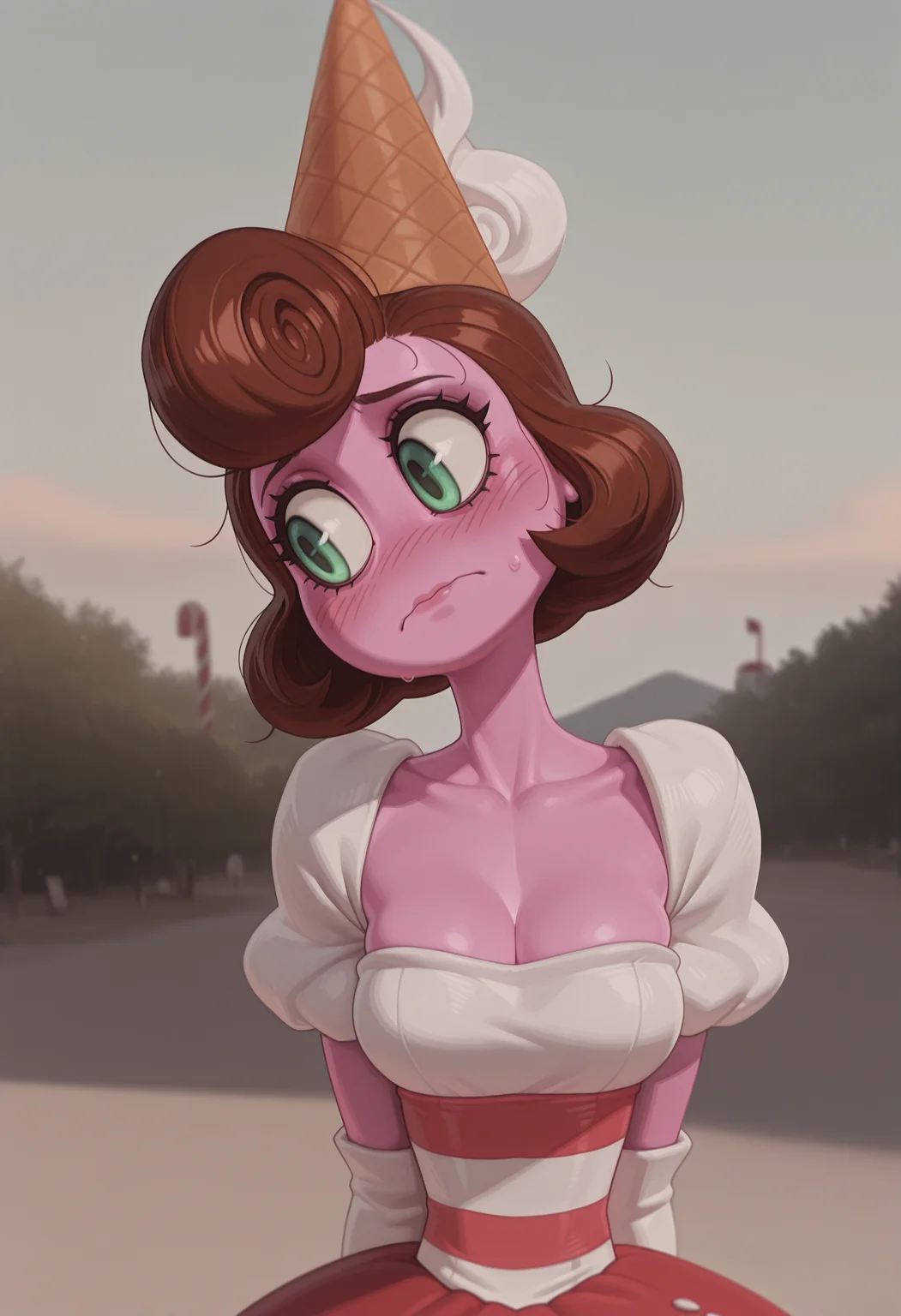 masterpiece, best quality, absurdres, highres, high quality, highly detailed,
1girl, solo, baronessch, brown hair, short hair, green eyes, colored skin, pink skin, no humans, looking to the side, blush, shy, embarrassed, no nose, head tilt,
ice cream cone hat, dress, elbow gloves, striped corset, white shoulder pad,
medium breasts, cleavage,
upper body, face focus, portrait,
arms behind back,
outdoors, depth of field, cinematic,
no lineart, pixelsketcher, <lora:incase_new_style_red_ill:0.6>, <lora:bonifasko_ill:0.4>, <lora:Baroness_Von_Bon_Bon_Cuphead_Illustrious:0.9>
