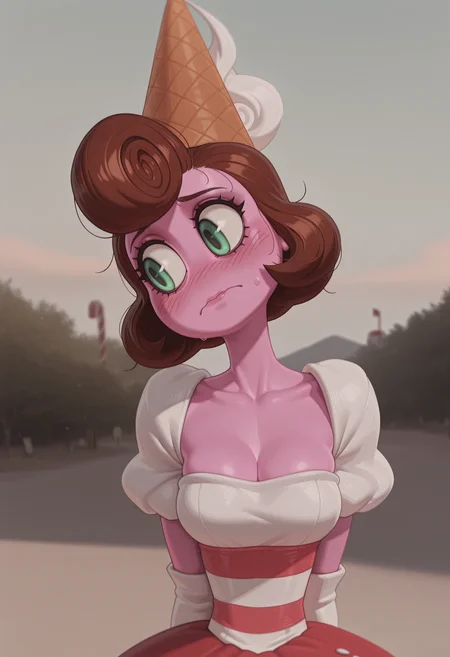 masterpiece, best quality, absurdres, highres, high quality, highly detailed,
1girl, solo, baronessch, brown hair, short hair, green eyes, colored skin, pink skin, no humans, looking to the side, blush, shy, embarrassed, no nose, head tilt,
ice cream cone hat, dress, elbow gloves, striped corset, white shoulder pad,
medium breasts, cleavage,
upper body, face focus, portrait,
arms behind back,
outdoors, depth of field, cinematic,
no lineart, pixelsketcher, <lora:incase_new_style_red_ill:0.6>, <lora:bonifasko_ill:0.4>, <lora:Baroness_Von_Bon_Bon_Cuphead_Illustrious:0.9>