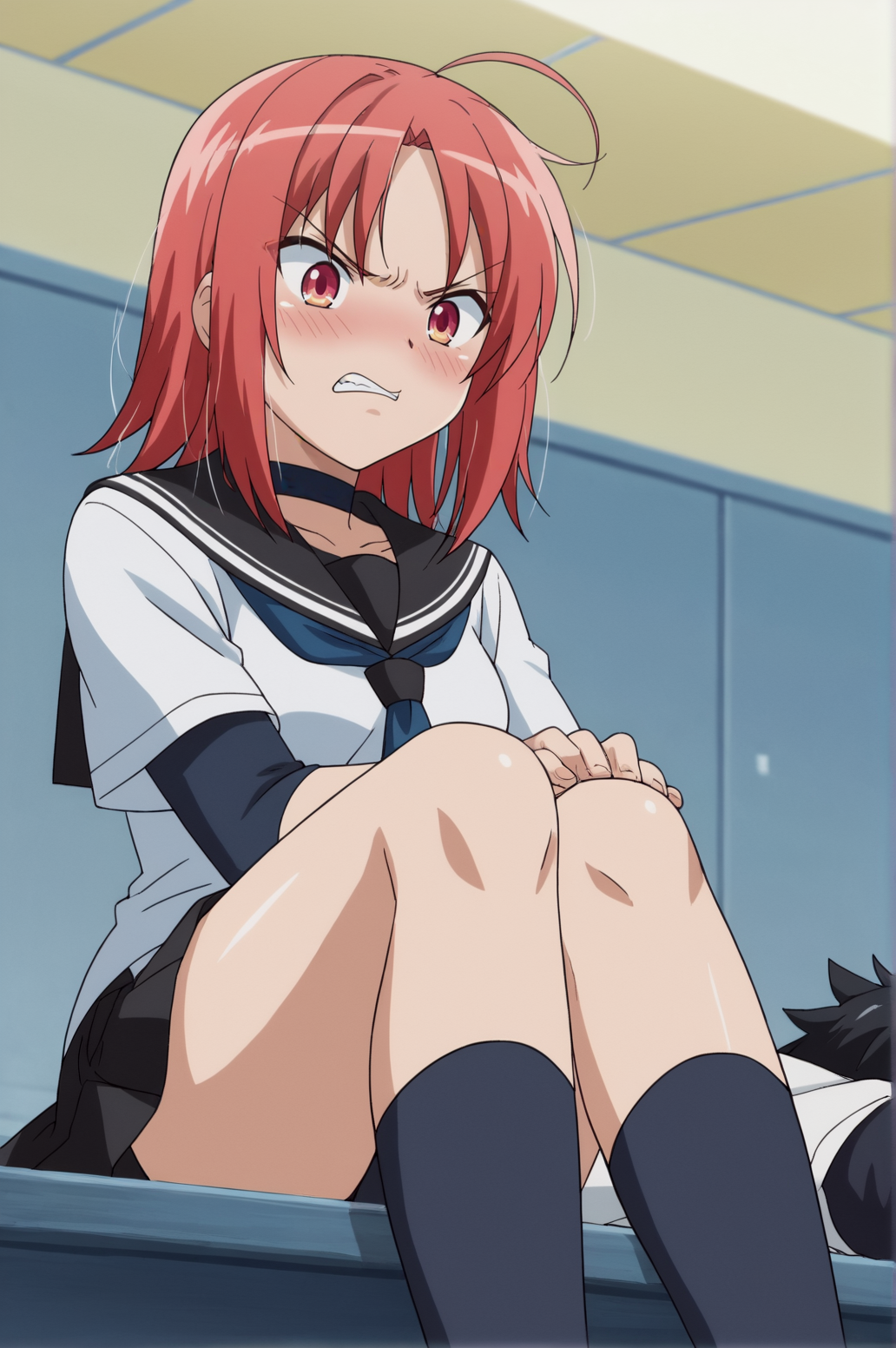 score_9, score_8_up, score_7_up,anime_source, source_anime, best background, detailed background, anime screencap,  Akane, 1girl, blue neckerchief, choker, sailor collar, school uniform, serafuku, shirt, angry, blush, tsundere, lift leg,  indoors, <lora:JN_Akane_Mishima:0.8>