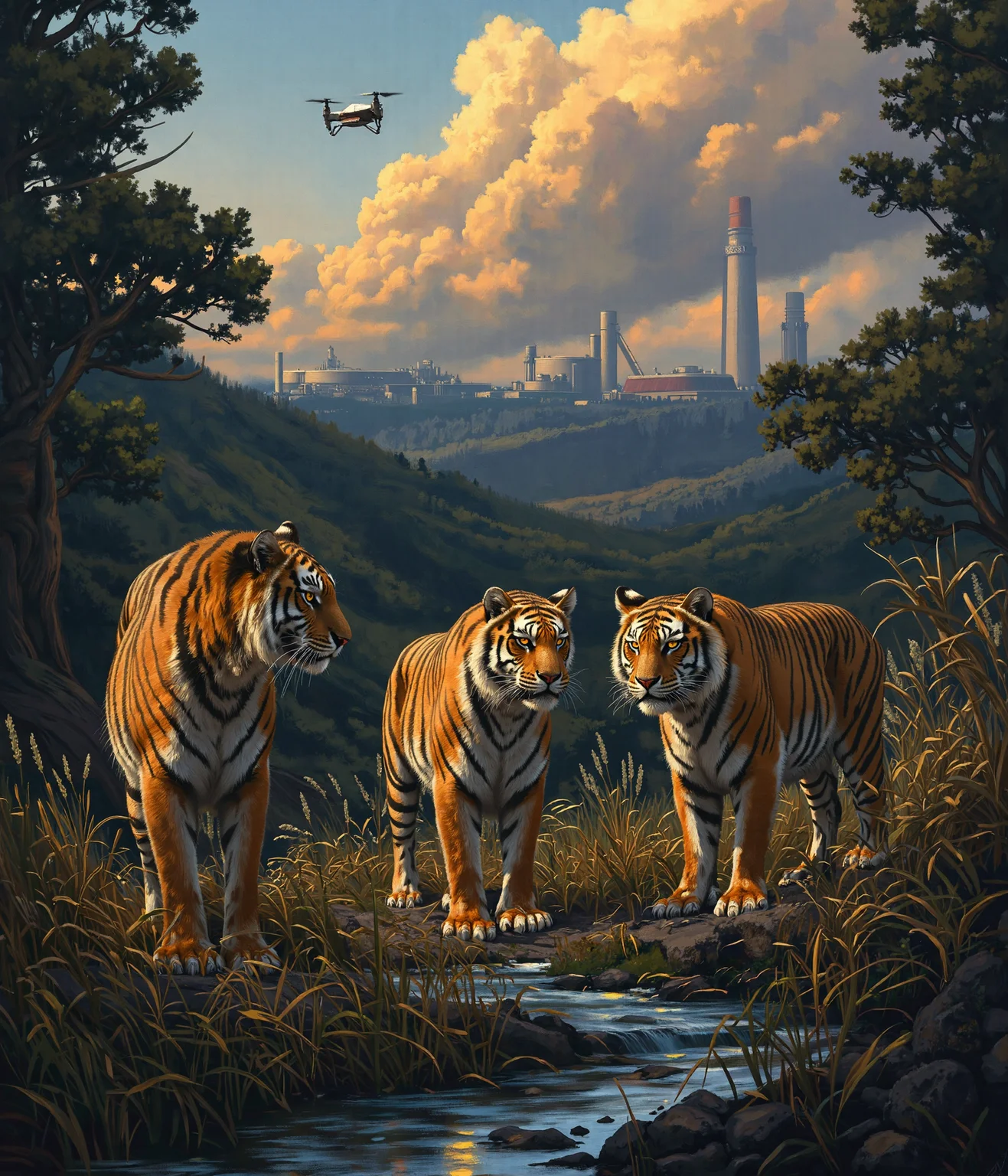 Beneath the golden light of a dying sun, three tigers stand as silent sentinels of a world slipping away. Their den, once a sanctuary deep in the jungle, now lies in the shadow of a relentless industrial invasion. Smoke rises in thick, curling plumes from the factory in the distance, its skeletal towers clawing at the sky, tearing into the land that once belonged to them. The river, which once mirrored the heavens in its crystalline depths, now runs thick with chemical waste, its surface shimmering with a sickly iridescence. Overhead, an unfeeling drone hovers, its cold mechanical eye locked onto them, reducing the last great beasts of the wild to mere data. 

At the forefront stands the male tiger, a magnificent creature of sheer power and untamed beauty. His broad shoulders ripple with muscle, and his thick, flowing mane—a rarity among his kind—catches the last golden light, each strand a testament to the strength of his lineage. His amber eyes burn with defiance as he lifts his gaze toward the drone, the artificial intruder dissecting his very existence with a lifeless stare. His breath is slow, steady—he does not run. He does not cower. He simply watches, daring the machine to look upon him and understand what it has come to destroy.

To his left, a tigress crouches low against the withering jungle undergrowth. Her sleek, battle-hardened body is coiled with tension, her muscles taut beneath her striking orange and black pelt. Her ears flick at the distant roar of machines, her sharp eyes flickering between the drone above and the poisoned river below. A soft growl rumbles in her throat, a sound both protective and mournful. She remembers when the air was filled with the scent of fresh rain and earth, not the acrid tang of steel and smoke.

Partially concealed within the den’s darkened entrance, the eldest tigress lingers like a specter of the past. Her once-flawless coat bears the marks of countless battles—not just against prey, but against time, hunger, and the encroachment of man. Scars lace her form, silent records of a world that no longer belongs to them. Her gaze drifts past the factory, beyond the fading jungle, to where the land once stretched unbroken and free. She does not need to see the future to know what is coming—she has already felt it in the quiet disappearance of the herds, in the strange hum of machines replacing the songs of the forest.

The composition of this piece is breathtaking, an emotional contrast of power and vulnerability. The warm, golden hues of the tigers' fur stand against the lifeless grays and metallic tones of the factory. Smoke and sunlight intertwine in the sky, a battle of nature versus progress. The river, both beautiful and tragic in its shimmering toxicity, winds like a dying vein through the heart of this fractured world. The drone, a symbol of human detachment, looms overhead—watching, recording, but never truly seeing.

This is more than a depiction of endangered creatures. This is a moment in time, a visual elegy for all that is being lost. The tigers stand together, not just as individuals, but as a fading lineage—an echo of a wildness that once roamed without boundaries. In this frozen moment, they remain majestic, untamed, unbroken. But for how much longer?  

Simon Stalenhag Style, v3lkat0k