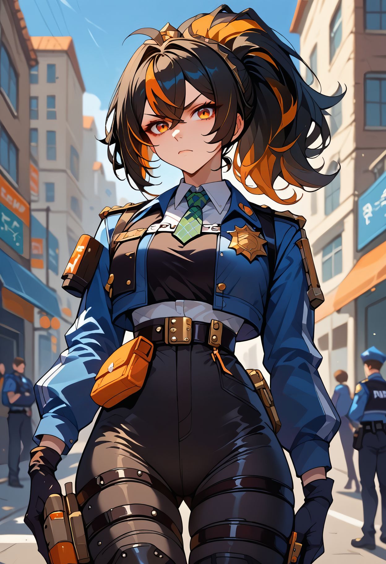 score_9, score_8_up, score_7_up, score_6_up, score_5_up,  <lora:zhu_yuan_xl:0.8>zhu-yuan,black hair,streaked hair, orange eyes, long hair ponytail, metal hairband, police uniform, blue jacket, cropped jacket, long sleeves, black vest, two-tone vest, black gloves, green necktie, plaid necktie, black pants, high-waist pants, belt, thigh straps, knee pads, holster, tight pants, blue footwear