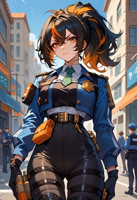score_9, score_8_up, score_7_up, score_6_up, score_5_up,  <lora:zhu_yuan_xl:0.8>zhu-yuan,black hair,streaked hair, orange eyes, long hair ponytail, metal hairband, police uniform, blue jacket, cropped jacket, long sleeves, black vest, two-tone vest, black gloves, green necktie, plaid necktie, black pants, high-waist pants, belt, thigh straps, knee pads, holster, tight pants, blue footwear