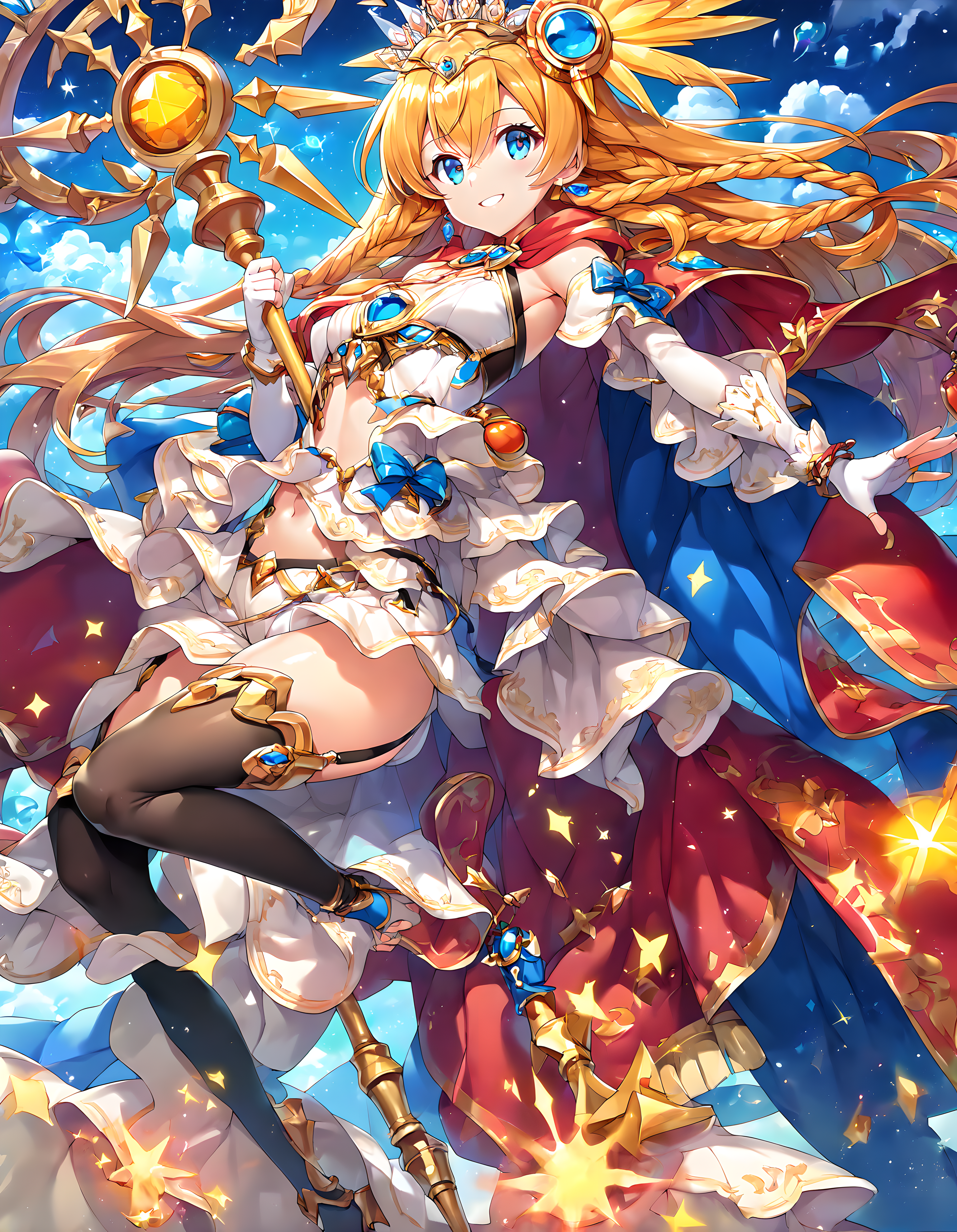 <lora:pony_xl_sol:0.8>,sol,score_9,score_8_up,score_7_up,source_anime,best quality,masterpiece,super fine illustration,1girl,tiara,hair ornament,blue bow,white dress,red cape,chest,midriff,detached sleeves,elbow gloves,white gloves,fingerless gloves,garter straps,High Leg Shorts,black thighhighs,bare shoulders,navel,holding,weapon,staff,smile,:d,fantasy,sparkle_background,