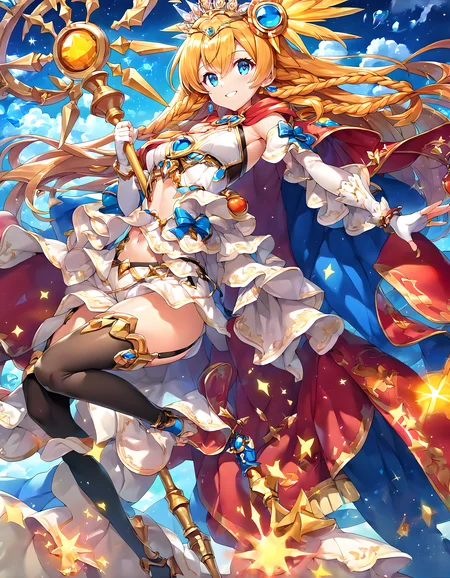 <lora:pony_xl_sol:0.8>,sol,score_9,score_8_up,score_7_up,source_anime,best quality,masterpiece,super fine illustration,1girl,tiara,hair ornament,blue bow,white dress,red cape,chest,midriff,detached sleeves,elbow gloves,white gloves,fingerless gloves,garter straps,High Leg Shorts,black thighhighs,bare shoulders,navel,holding,weapon,staff,smile,:d,fantasy,sparkle_background,