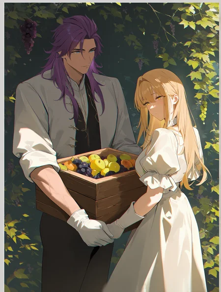 <lora:misaka-gou_s64:1> chromatic aberration,1boy,holding box,looking back,short sleeves,food,white border,looking up,grapes,closed mouth,jacket,gloves,border,purple hair,bible verse,yellow eyes,fruit,standing,blonde hair,grape vine,box,dated,1girl,outdoors,long hair,puffy sleeves,white jacket,wooden box,holding,sleeves rolled up,blue eyes,puffy short sleeves,white gloves, masterpiece, best quality, newest, very awa, absurdres, highres