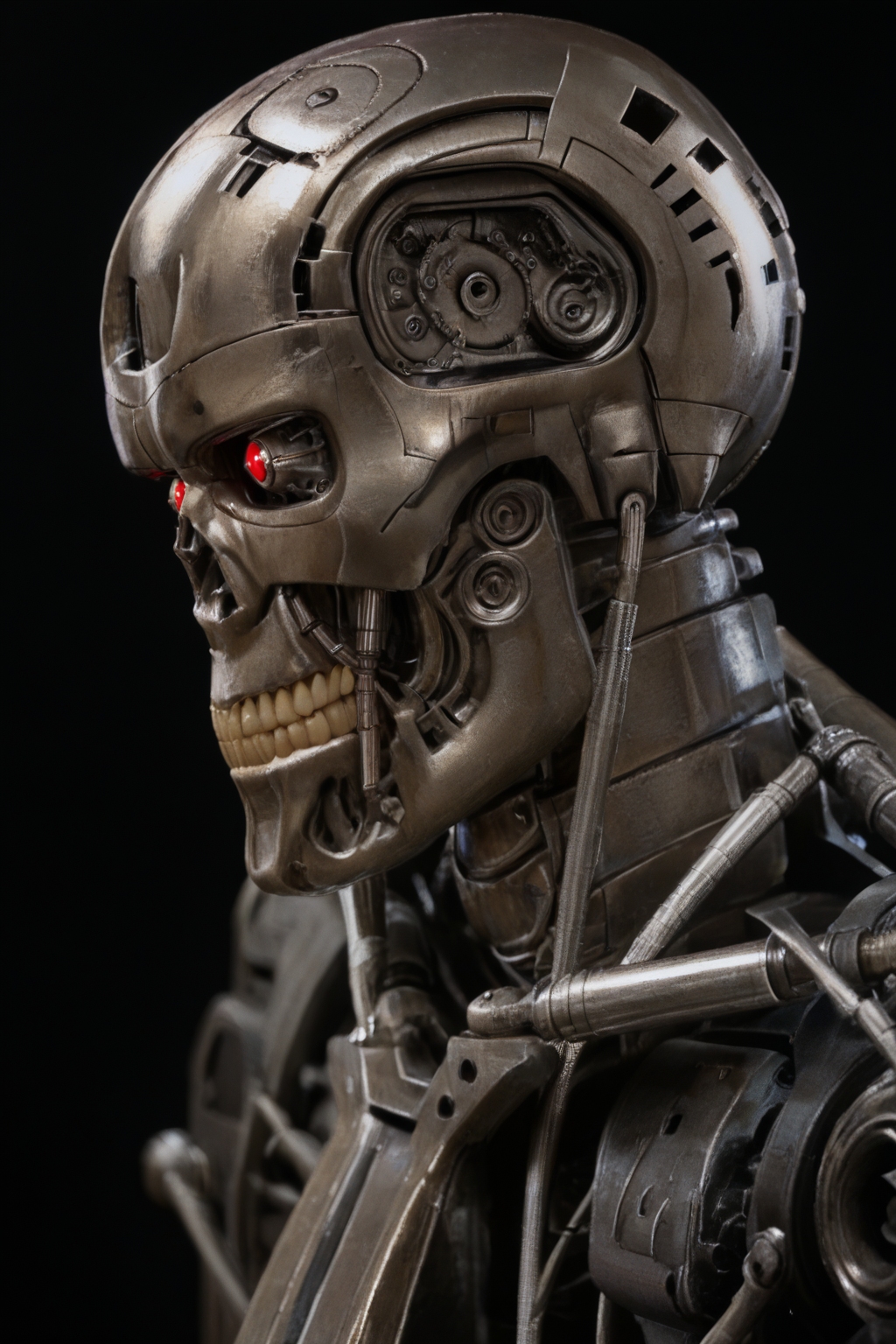 T800_Endo, Terminator robot, score_9, score_8_up, score_7_up, (source_IRL, source_movie), cinematic, realistic, masterpiece, high quality, highres RAW photo, ((close-up shot, close-up head shot, side profile view, from the side))
a T800_Endo Terminator Robot with red eyes, he is made of metal, he is made of shiny chrome metal, new, clean, <lora:T800_Endo_Terminator_Pony_v1:1>
(standing)
black background
dynamic lighting, highly detailed, intricate details, shadows