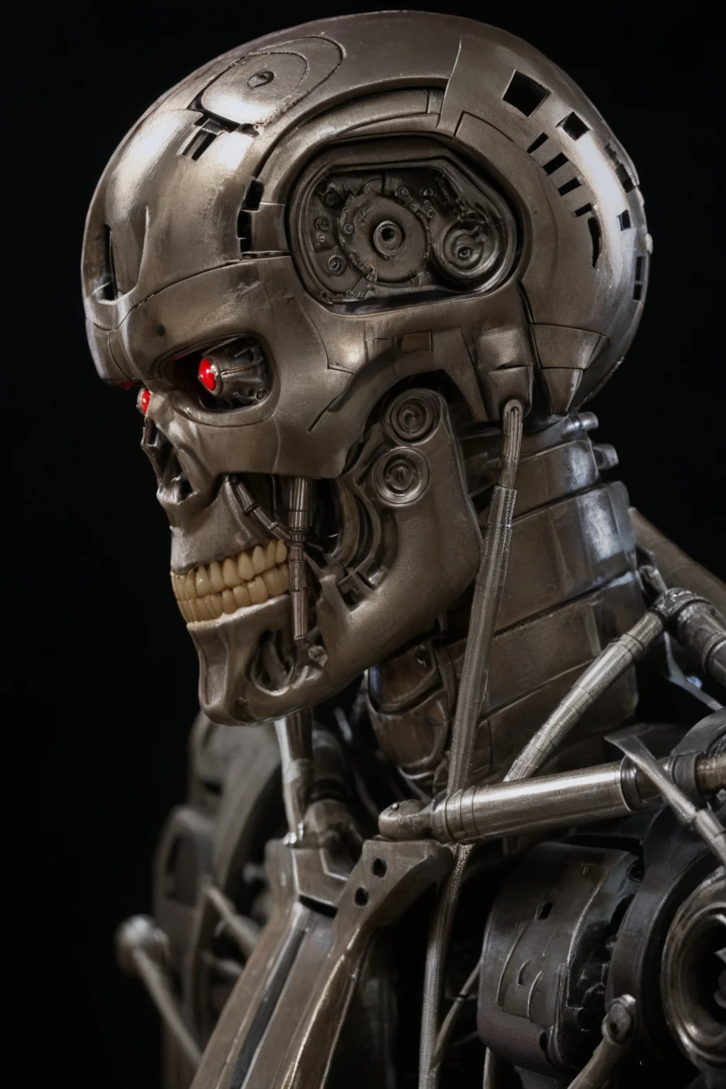 T800_Endo, Terminator robot, score_9, score_8_up, score_7_up, (source_IRL, source_movie), cinematic, realistic, masterpiece, high quality, highres RAW photo, ((close-up shot, close-up head shot, side profile view, from the side))
a T800_Endo Terminator Robot with red eyes, he is made of metal, he is made of shiny chrome metal, new, clean, <lora:T800_Endo_Terminator_Pony_v1:1>
(standing)
black background
dynamic lighting, highly detailed, intricate details, shadows