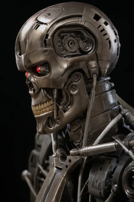 T800_Endo, Terminator robot, score_9, score_8_up, score_7_up, (source_IRL, source_movie), cinematic, realistic, masterpiece, high quality, highres RAW photo, ((close-up shot, close-up head shot, side profile view, from the side))
a T800_Endo Terminator Robot with red eyes, he is made of metal, he is made of shiny chrome metal, new, clean, <lora:T800_Endo_Terminator_Pony_v1:1>
(standing)
black background
dynamic lighting, highly detailed, intricate details, shadows