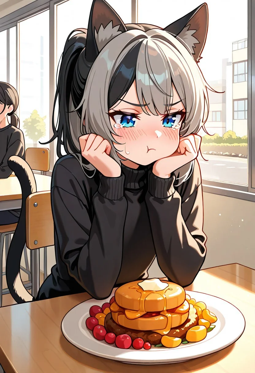 (masterpiece,best quality:1.3),m1k3yuk,1boy, otoko no ko,flat chest,
cat ears,fake tail,blue eyes,long hair,two-tone hair,black hair,grey hair,ponytail,
black sweater,long sleeves,
sitting,crying,looking at food,pout,close-up,
indoors,cafeteria,food,chair,tables,window,sunlight,(soft lighting,soft shadows:1.2)
