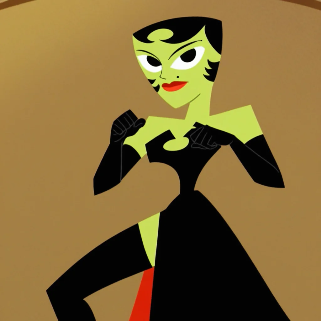 score_9, masterpiece, 1girl, Solo, female focus, Ikra_SJ, green skin, black hair, black eyes, red lips, very short vintage hair, small black mole on cheek, black fitted long dress with neckline, long black gloves, long black stockings, black heels, big eyes, tall stature, standing, cowboy shot, room background, looking at viewer, perfect eyes, detailed eyes