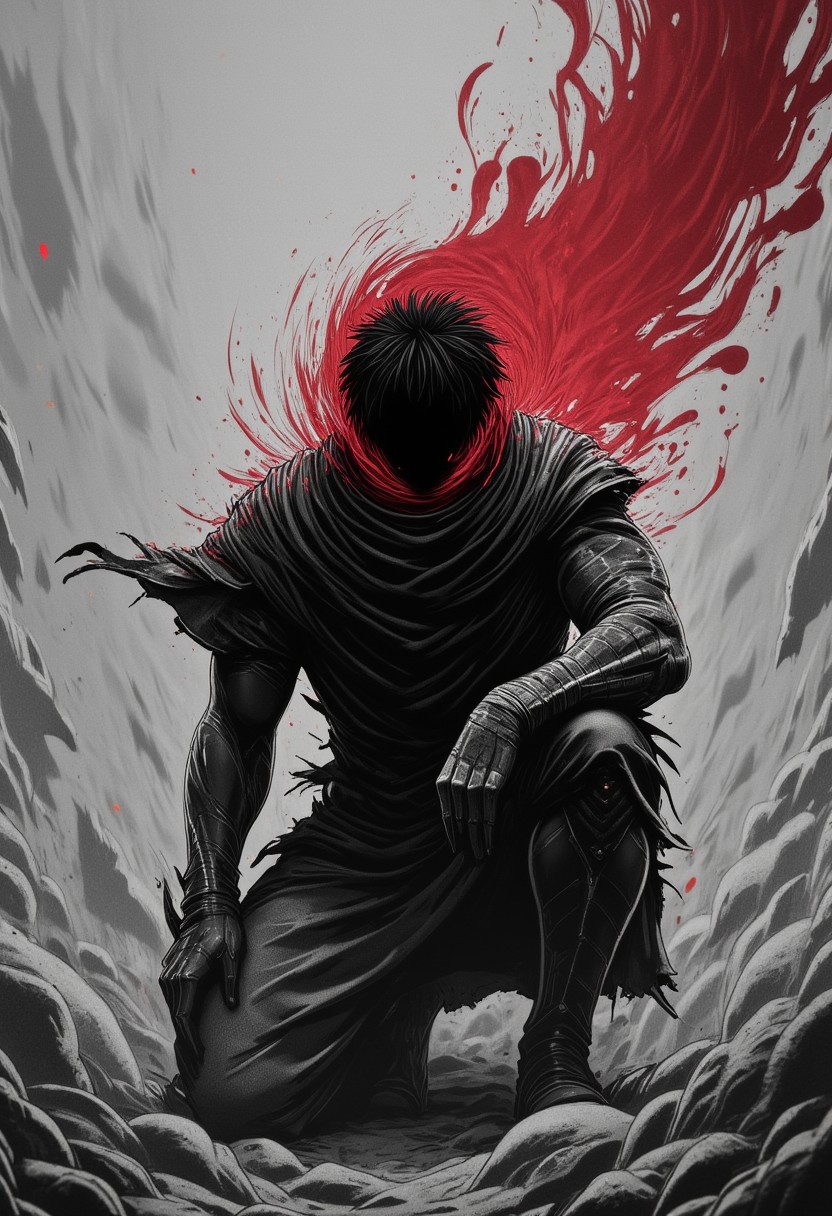 Monochrome with red color Highlights, greyscale, Highly detailed photorealistic, man, m100-style, floating dust particles, Action Scene, Motion lines, kneeling, warrior with Colorful Planet hat, Male Focus,
