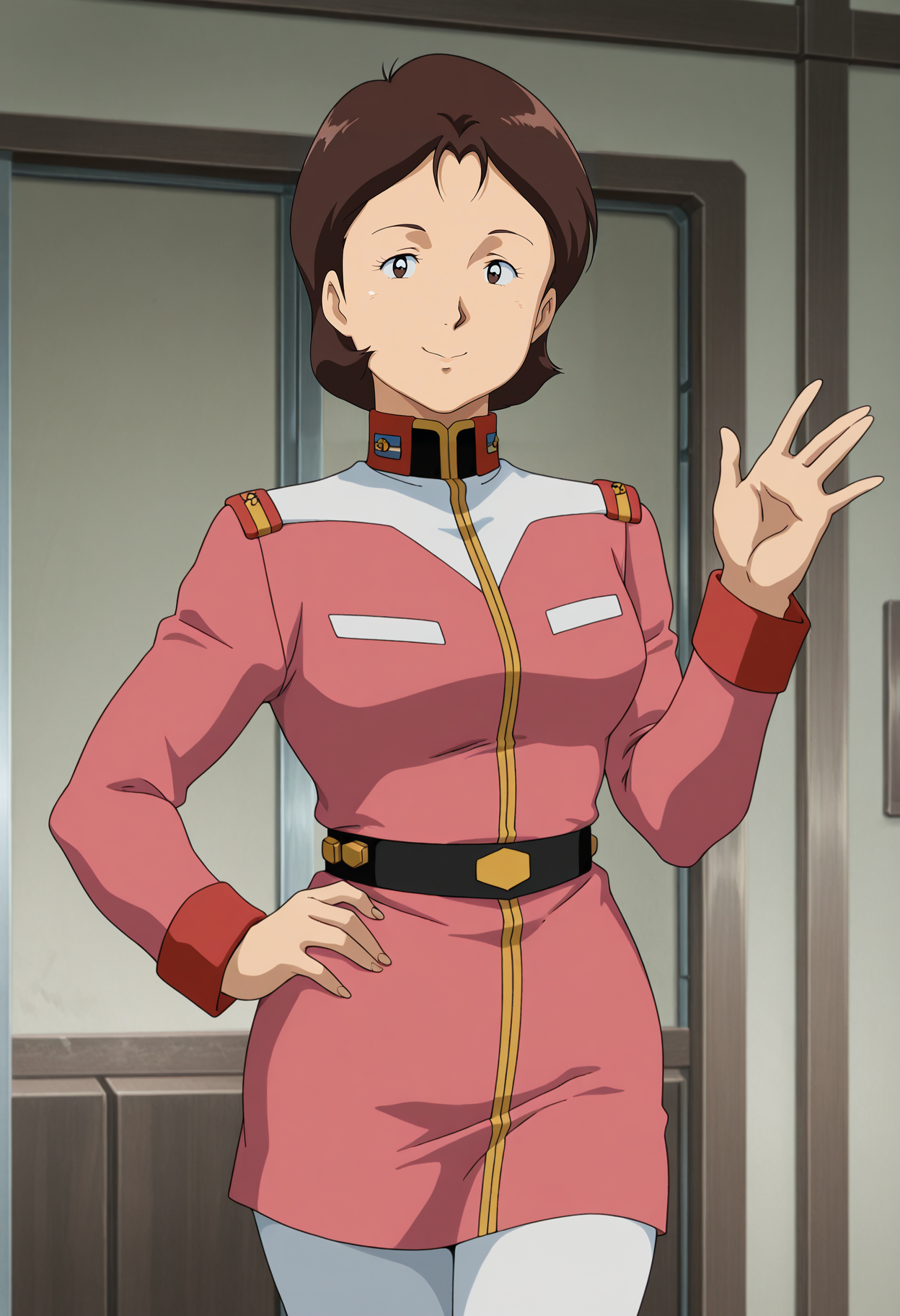 1girl,solo,mm,mature female,brown hair,short hair,retro artstyle,anime coloring,
military uniform,military,white pantyhose,uniform,waving, looking at viewer, smile,indoors,hand on own hip, 
,masterpiece,best quality,amazing quality,<lora:Mirai_Yashima-Gundam_The_OriginCucuruz_Doans_Island:0.8>