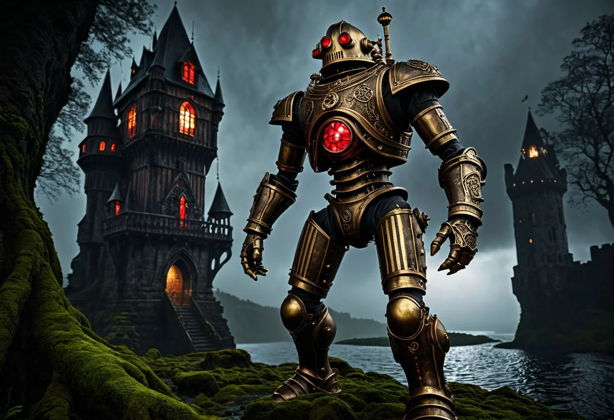 giant bipedal robot brass and dirty red
striped paint, bronze paisley robot. lacy robot metal. diving helmet torso head. outside of a steampunk keep. large detailed torso. dark image. one forty foot tall ancient robot with great arms and two heavy spring legs. dark foggy night background. $dark foggy night image only. dark photo realistic image. steampunk details. cogs, chains and pipes incorporated in the fantasy buildings. magic wizards tower in background. Dark swamp, moss, castle ruins, wizards tower. stormy dark night. stormy sky. rain.