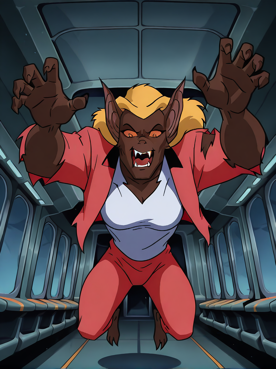 <lora:She-Bat_-_Batman_Animated_Illustrious_v2:1.0>, <lora:dcau234-illu3_r1:0.4>, <lora:takeda_hiromitsu_style_illustrious_goofy:0.4>, htbtas, pouncing, jumping, arms outstretched, reaching towards viewer, claw pose, orange sclera, blonde hair, torn clothes, white shirt, pink jacket, interior airplane cabin, bat ears, sexy