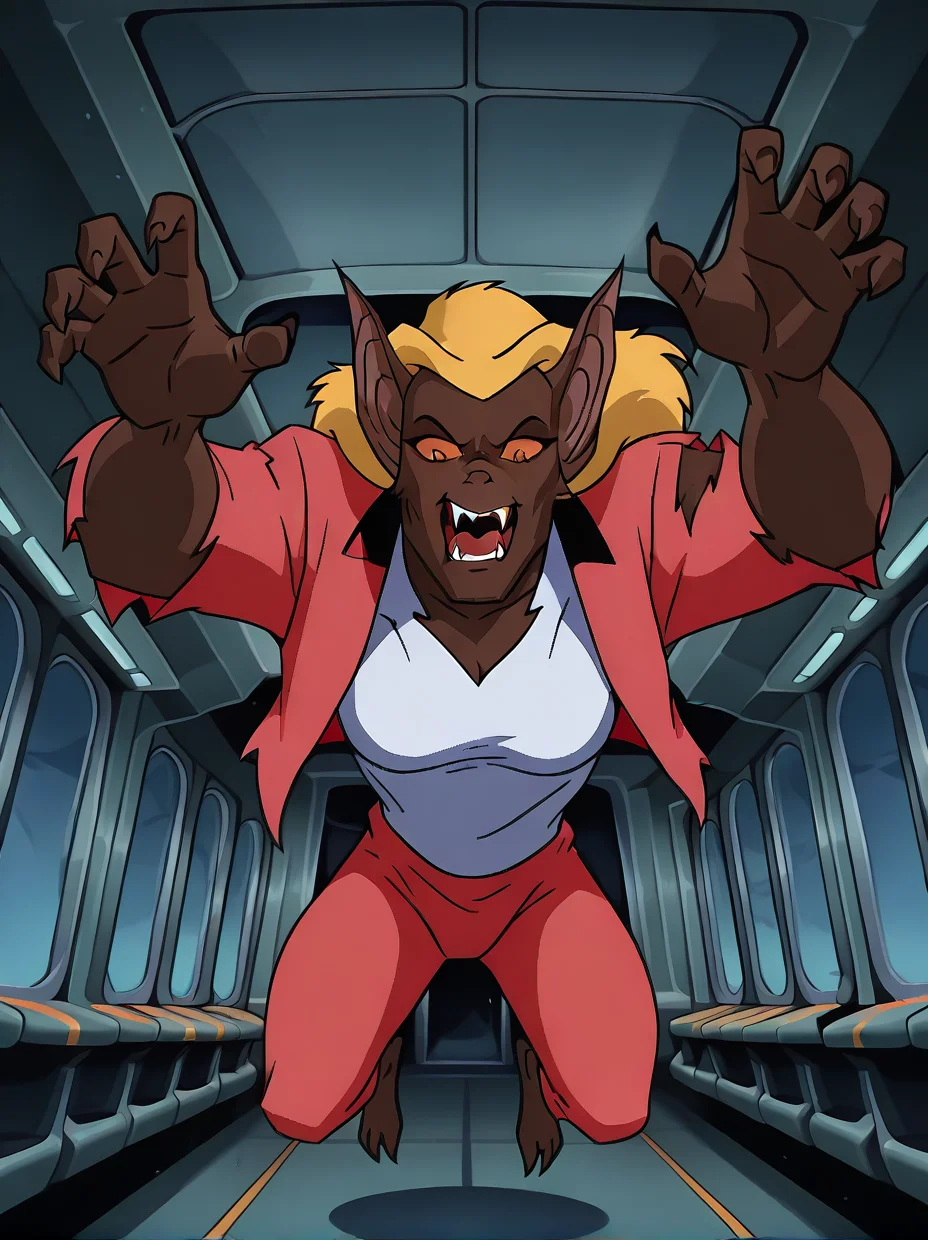 <lora:She-Bat_-_Batman_Animated_Illustrious_v2:1.0>, <lora:dcau234-illu3_r1:0.4>, <lora:takeda_hiromitsu_style_illustrious_goofy:0.4>, htbtas, pouncing, jumping, arms outstretched, reaching towards viewer, claw pose, orange sclera, blonde hair, torn clothes, white shirt, pink jacket, interior airplane cabin, bat ears, sexy